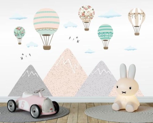 Różowe góry ,balony, chmurki, skandynawskie wzory