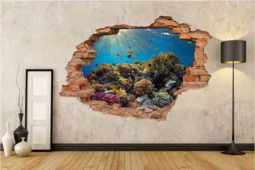 Naklejki na ścianę 3d widok dziura w ścianie rafa, koralowa, plaża, pomost, góry, kosmos, delfiny, morze