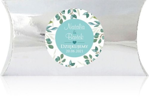 Pudełko z naklejką, turkusowa naklejka, zielone liście, podziękowanie