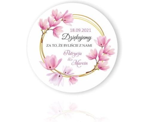 Magnes,  Podziękowania dla gości, różowe frezje, kwiaty, złota ramka