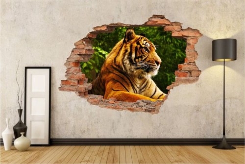 Naklejki na ścianę 3d widok dziura w ścianie konie zwierzęta, psy, koty, słonie, tygrysy