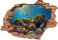 Naklejki na ścianę 3d widok dziura w ścianie rafa koralowa, plaża, pomost, góry, kosmos, delfiny, morze