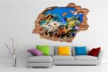 Naklejki na ścianę 3d widok dziura w ścianie rafa, koralowa, plaża, pomost, góry, kosmos, delfiny, morze