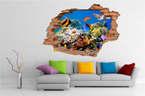 Naklejki na ścianę 3d widok dziura w ścianie rafa, koralowa, plaża, pomost, góry, kosmos, delfiny, morze