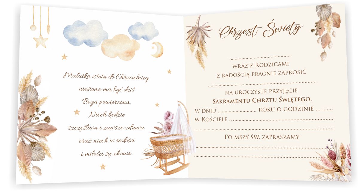 ZAPROSZENIE na Chrzest + Koperta, Styl BOHO